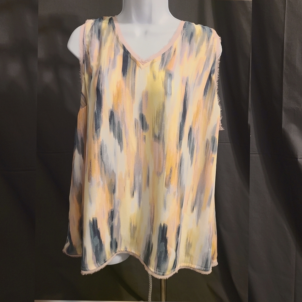 Torrid Multicolored Georgette Chiffon Tank Top with Pink Raw Edge. Size 2